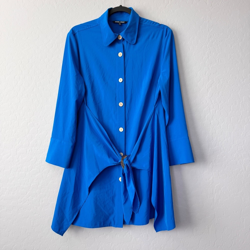 Samuel Dong Tunic Top Tie Waist Button Down Long‎ Sleeve Blue Size M